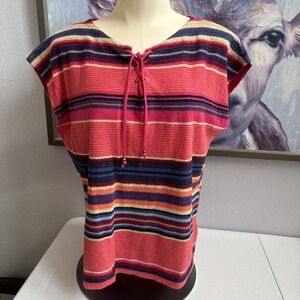Chaps Women's Petite Multicolor Striped Southwest Cap Sleeve Linen‎ Blend Knit